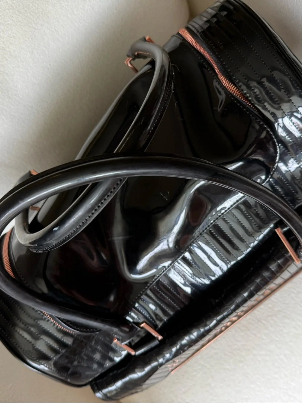 Ted Baker Black Patent Pet Carrier with Rose-Gold Hardware
